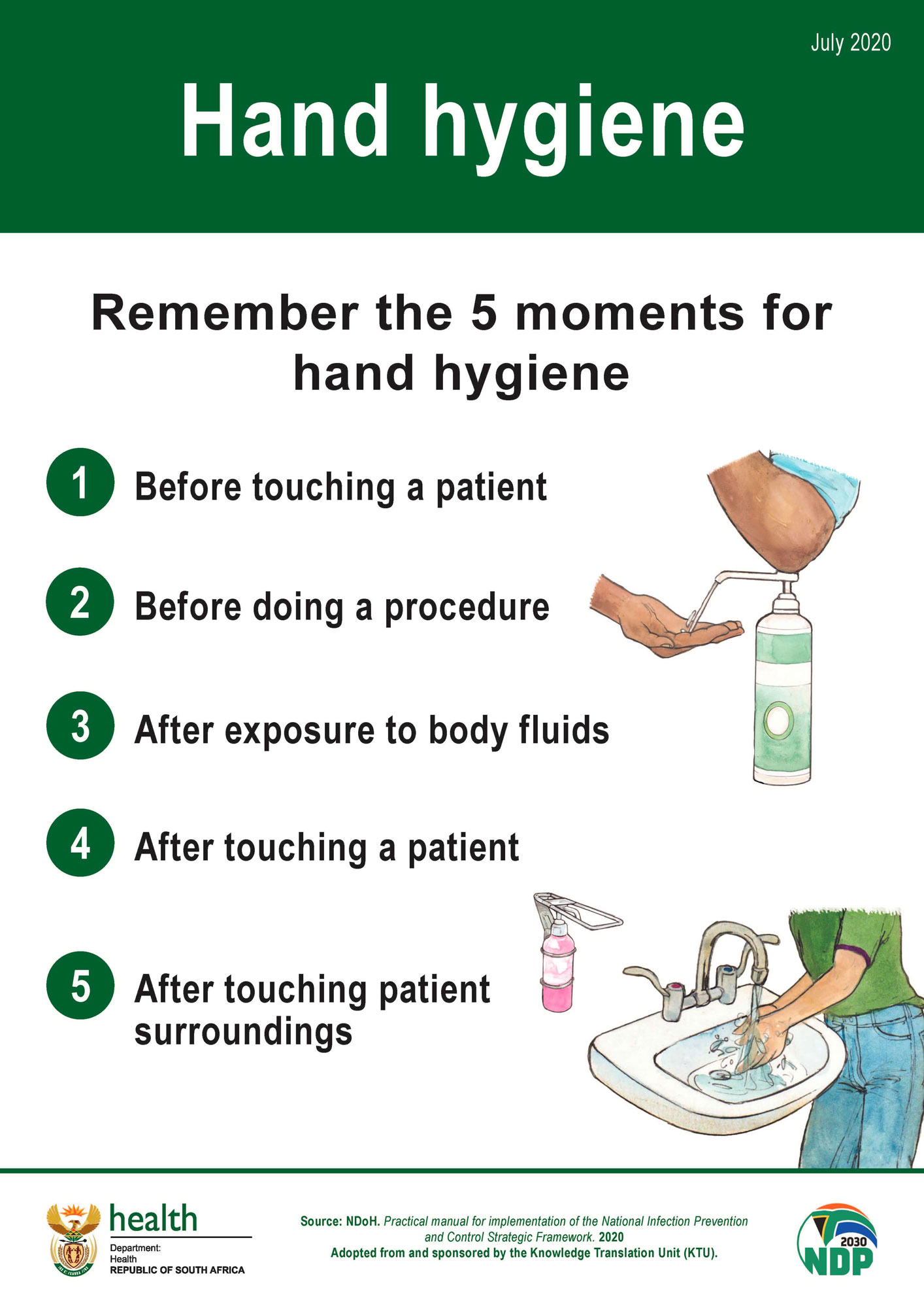 Official reference diagram for the 5 moments of hand hygiene workflow